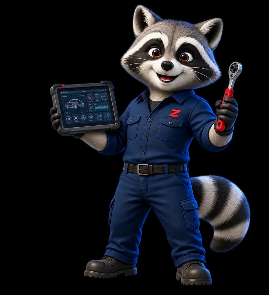 Z the raccoon holding a diagnostic tablet and workshop wrench